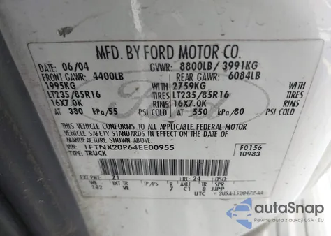 2004 Ford F-250 Lariat/Xl/Xlt z USA, uszkodzony, nr VIN 1FTNX20P64EE00955